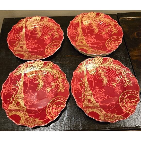 222 Fifth Joyeux Noel Red Gold Paris Eiffel Tower Holiday Plates 4 Set 9" Salad - Picture 3 of 7